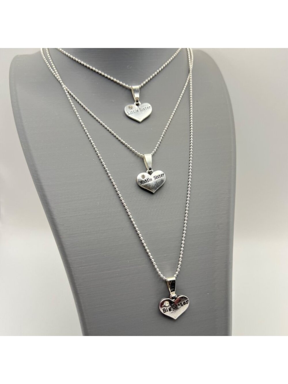 Heart Sister Necklace Set Big Middle Little Silver Tone Crystal Pendants 18"